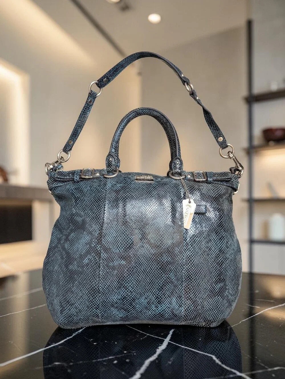 Vintage Coach MadisonLindsey Satchel in a blue/teal python-embossed leather